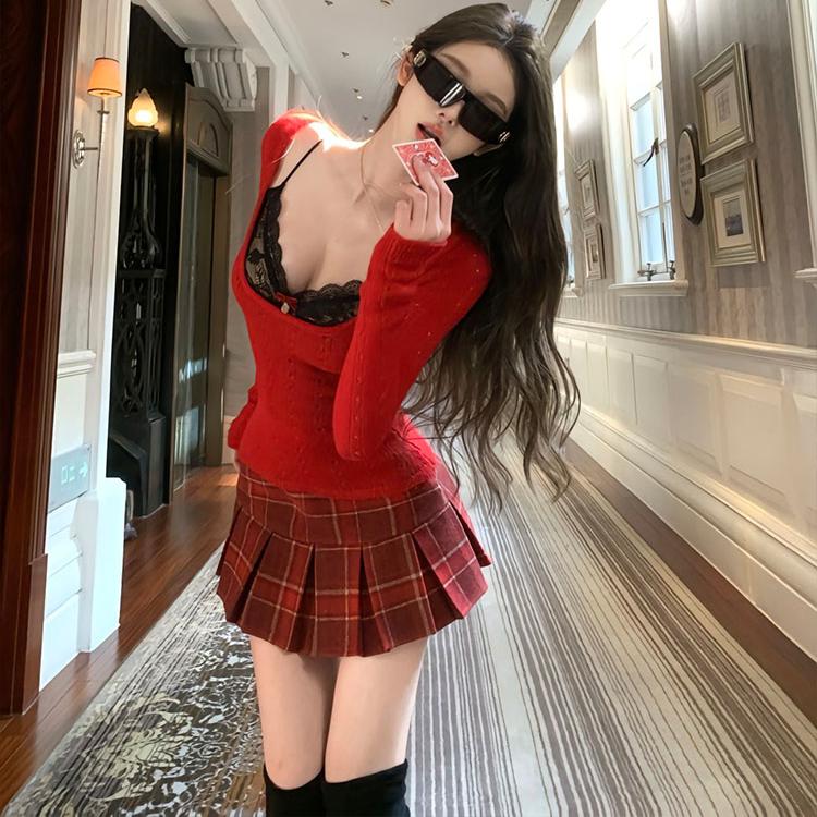 Pure Desire Windbreaker Sexy Spicy Girl Square Collar Lace-up Knitted Top for Spring and Autumn Layering Design