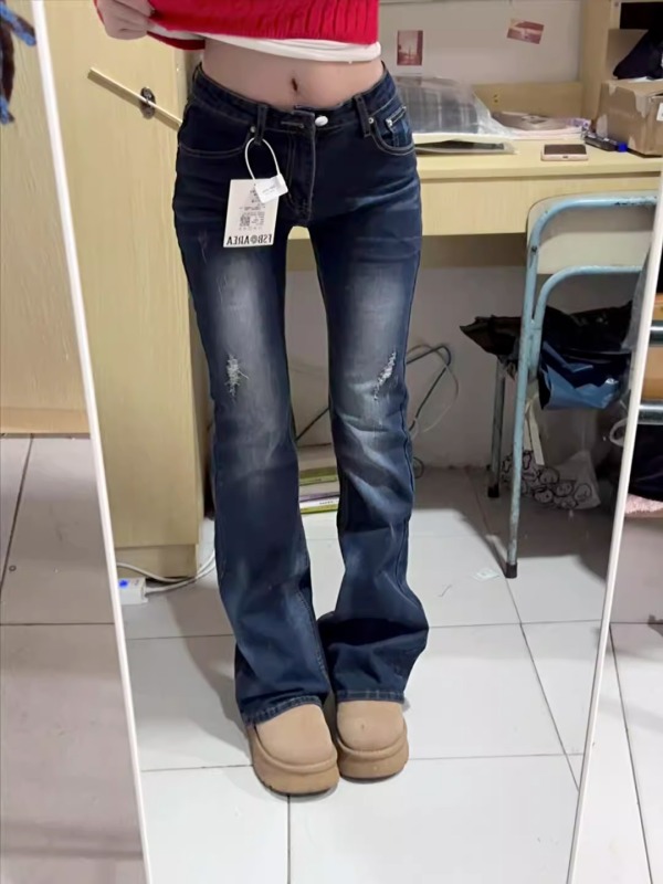 Tall extended American hottie low waist slightly flared jeans for women in spring and autumn versatile washing and old slim floor pants
