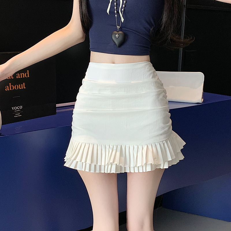 Real shot Korean design pleated lace sweet hot girl short skirt high waist slim A-line anti-exposure skirt