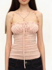 Dotyears light pink beaded shoulder strap lace spliced ​​acetic acid suspender top