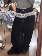 Design-sensual American retro lace spliced ​​jeans for women 2025 spring street slim black trousers