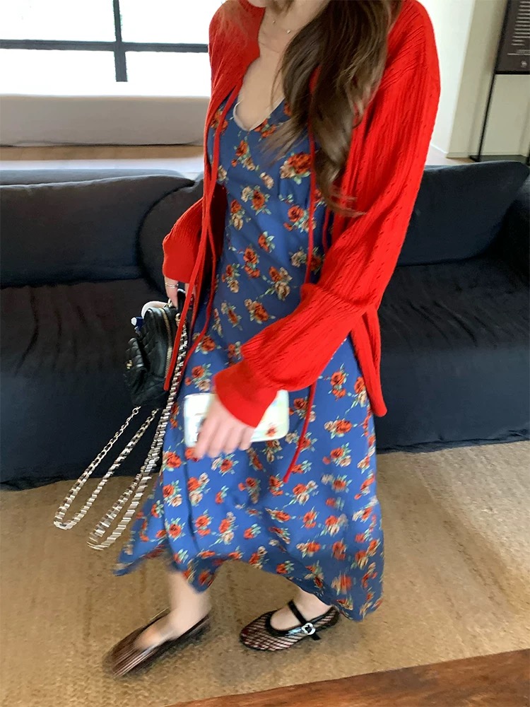 Im-oriented soft glutinous mulberry silk wool blend hollow strap knitted cardigan for women's spring round neck mid-length knitted sweater