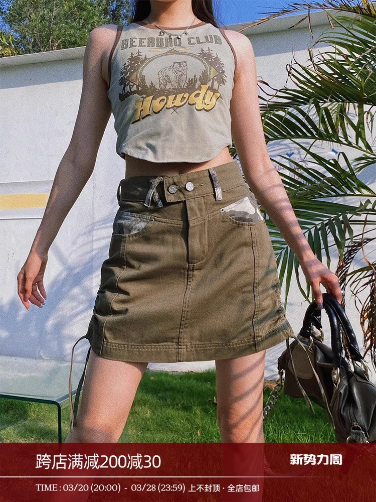 BeerBro American retro design sense splicing work skirt for women summer high waist hot girl straps slim short skirt ins