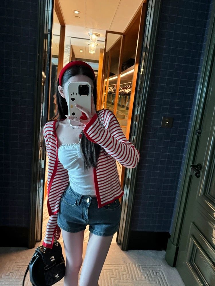 Titi sister spring little note knit sweater for women spring retro round neck contrast striped versatile cardigan jacket