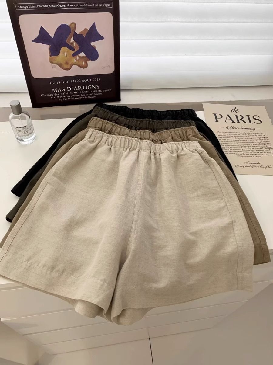 Ladies' Casual Shorts 25 Summer New Linen Elastic Waist Slimming Wide Leg Pants Breathable Comfortable Loose Cotton Linen Pants
