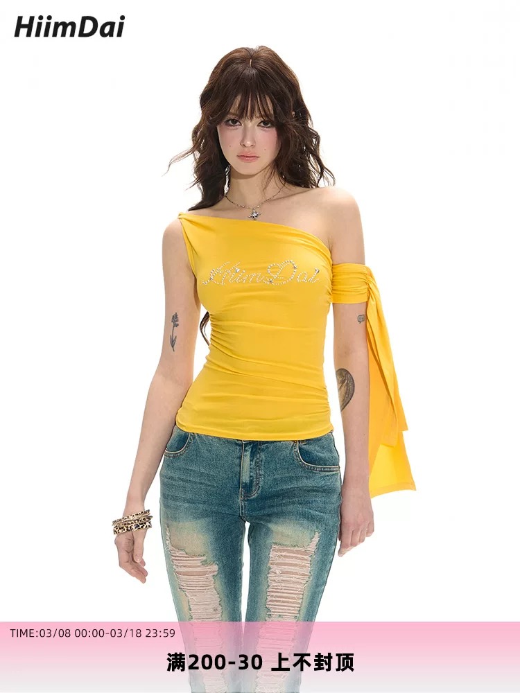 HiimDai Orange Soda Three-dimensional Rhinestone Embellishment Tennis Knitted Lemon Yellow Slanted Ribbon Slim Vest