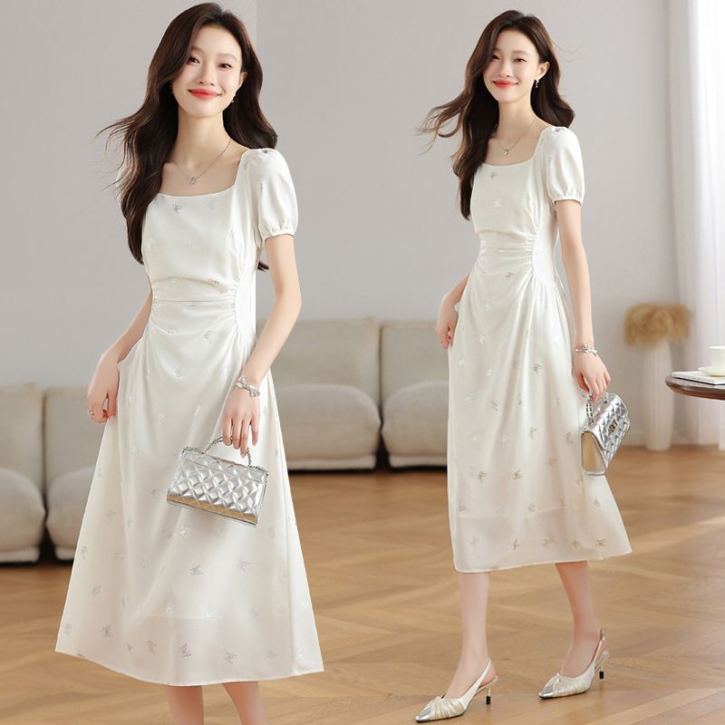 Real shot French elegant white dress with women's summer high-end designer slim long skirt