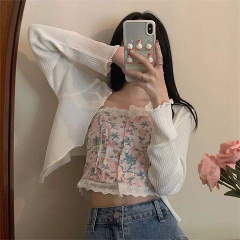Summer white sun protection knitted cardigan jacket, thin cover-up, wearable with shawl, short air-conditioning shirt.