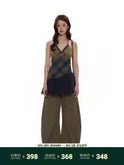 Moromoro vintage double-layer cotton plaid chest splicing ribbon sprayed monkey oblique hem suspender dress