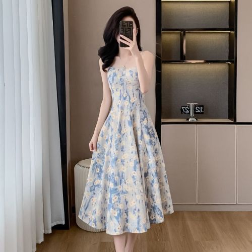 Real shot French blue oil painting long skirt seaside vacation beach skirt floral suspender dress women summer high-end feeling