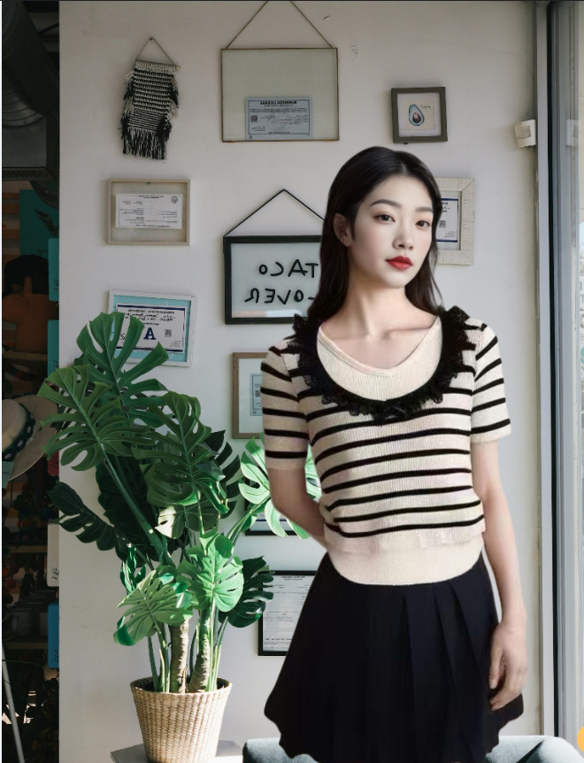 甜美蕾絲邊拼接假兩件短袖針織衫女春季新款修身顯瘦短款拼色上衣