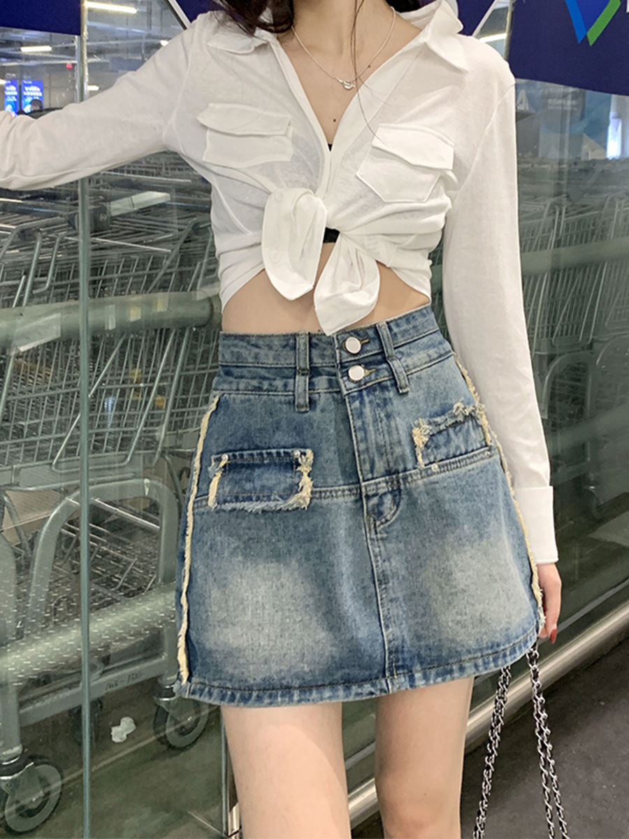 Hong Kong style retro fur-edged denim skirt skirt women's high waist slim hip skirt shorts summer
