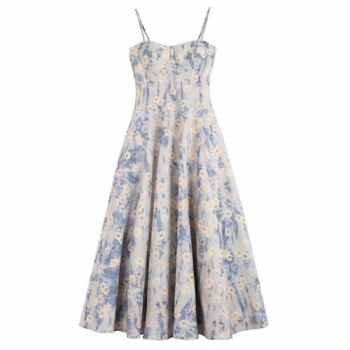 Real shot French blue oil painting long skirt seaside vacation beach skirt floral suspender dress women summer high-end feeling