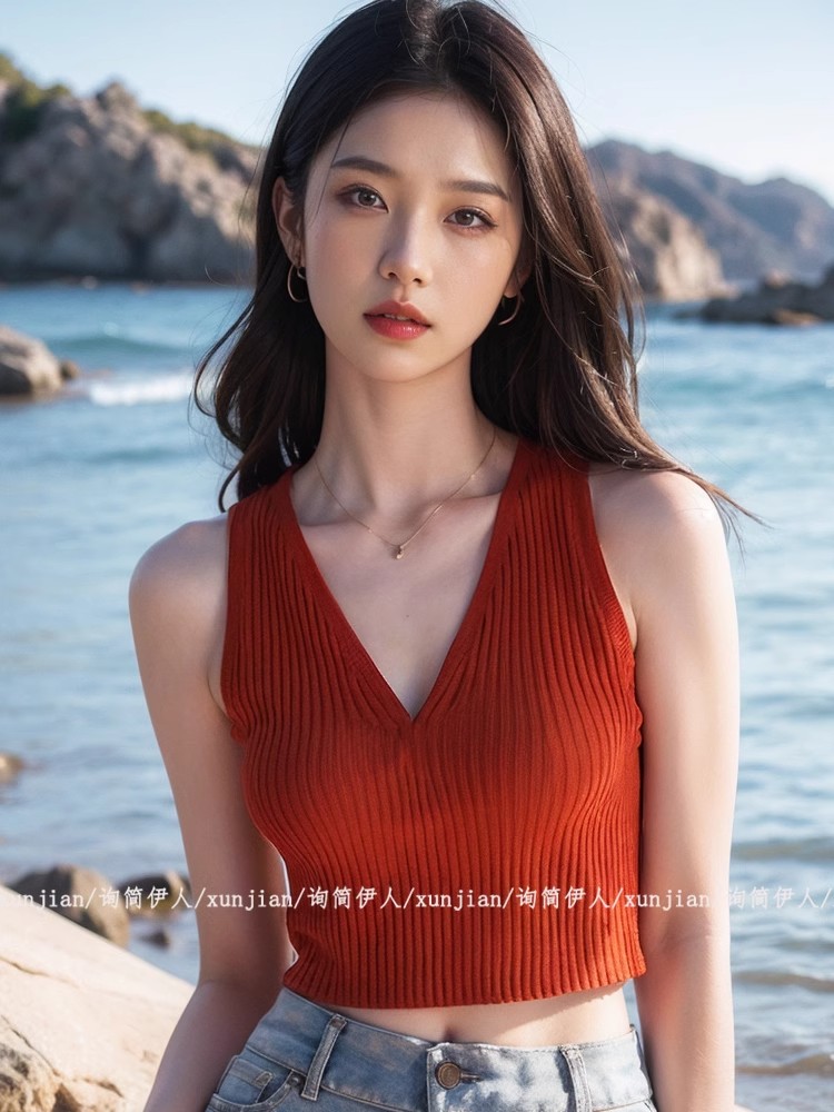 新款復古紅V領針織吊帶背心女夏季獨特甜辣上衣