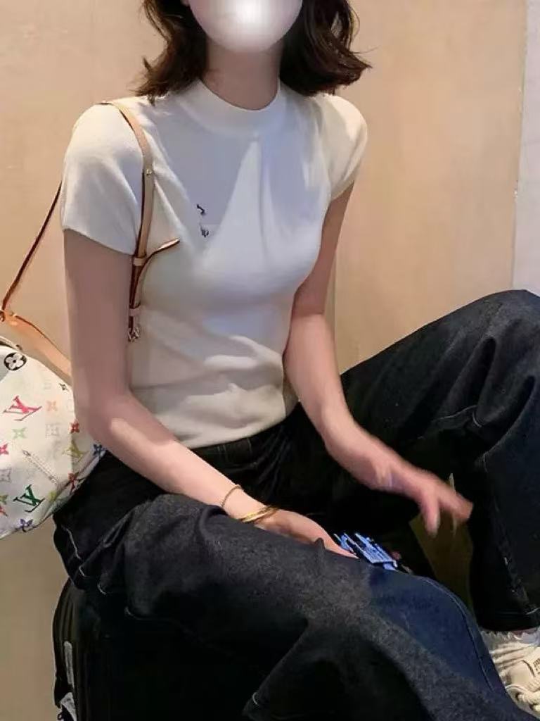 女夏新款 韓系簡約刺繡套頭氣質百搭顯瘦針織短袖T恤女氛圍上衣女