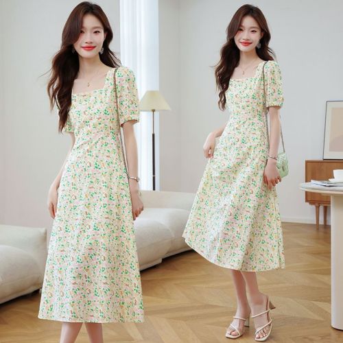 Real shot French retro floral dress for women new summer Korean version small waist-hugging chiffon skirt