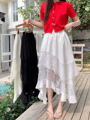 Real shots and real price~ Hot girls' lace splicing irregular ruffled skirt design sense double-layer large long skirt