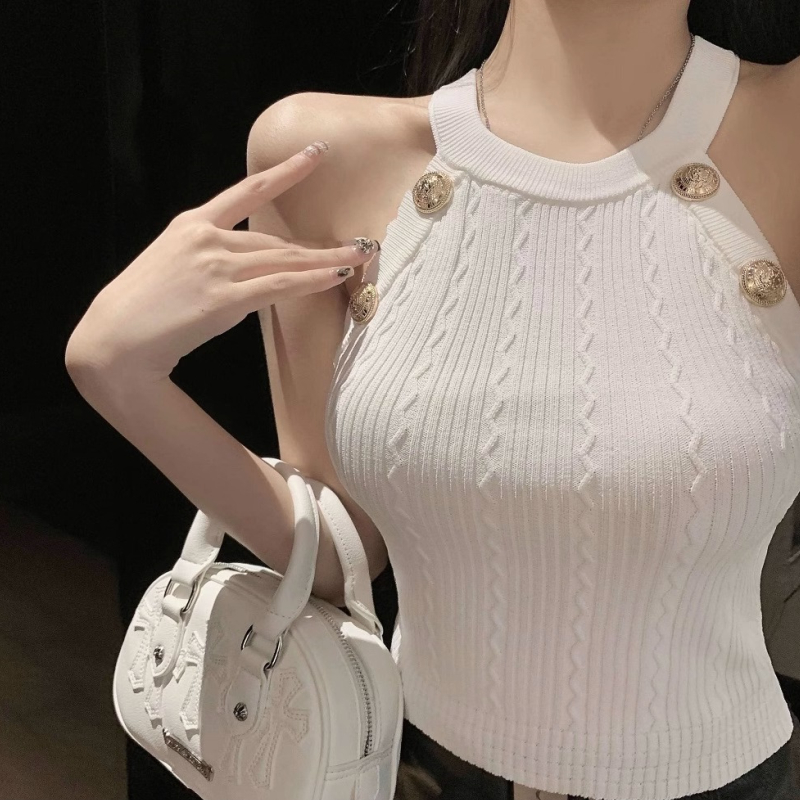 春夏網紅同款掛脖吊帶針織衫設計感扣子輕奢修身短款內搭背心