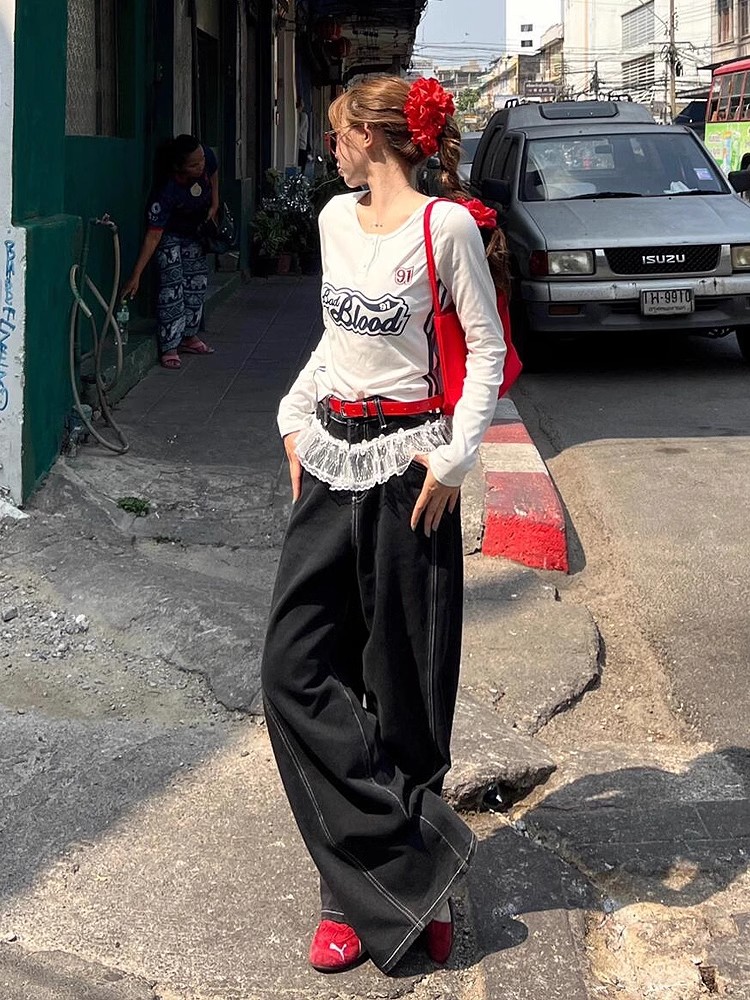 Sweet and cool hot girl American style lace spliced ​​wide-leg jeans for women in spring and summer loose high-waist floor pants