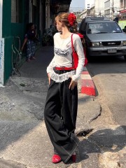 Sweet and cool hot girl American style lace spliced ​​wide-leg jeans for women in spring and summer loose high-waist floor pants