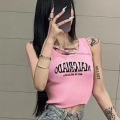 辣妹印花字母內搭鉚釘設計感夏季女外穿針織吊帶背心黑色短款上衣