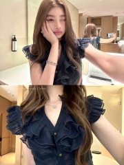 Che Chien Chien Family Xiang Hepburn French sleeveless chiffon shirt spring design sense black ear chiffon top for women
