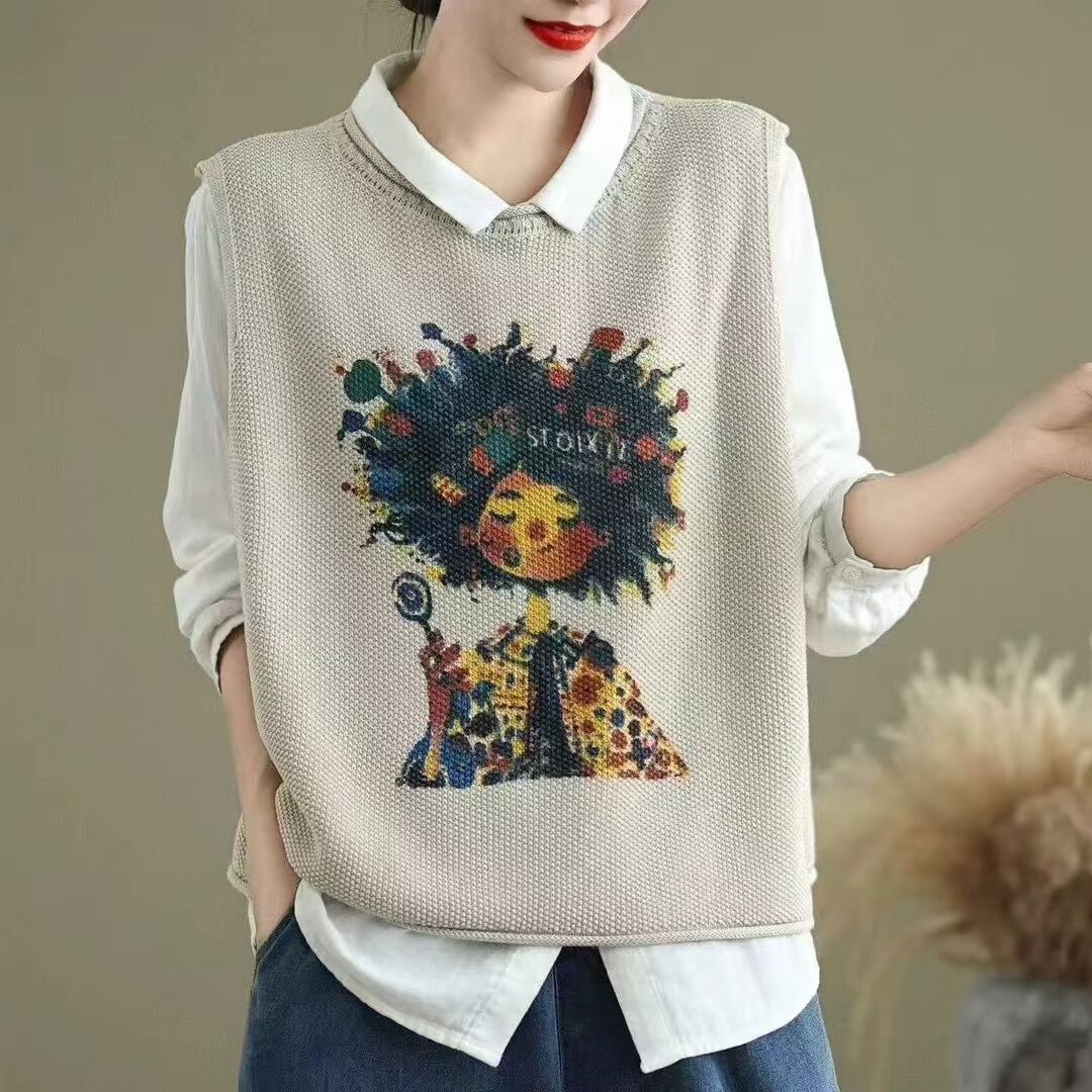 Knitted Vest Women Round Neck Pullover Casual Cartoon Explosion Head Vest Loose Slimming Sleeveless Vest 
