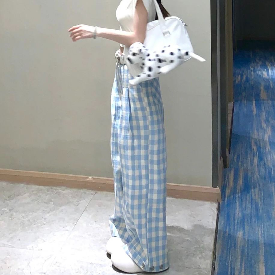 American high street blue plaid casual pants for women in summer design casual versatile high waist wide-leg pants