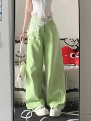 Apple green high waist wide-leg drooping jeans for women in spring and summer 2025 new loose and versatile slim floor straight pants