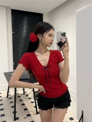 SS summer new pure and sweet hot girl bow icing thin hollow short-sleeved knitted T-shirt to make you look thin