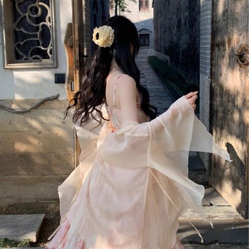 2025 summer new Eden oil painting smudge print waist-hugging ruffled suspender skirt Korean style dress