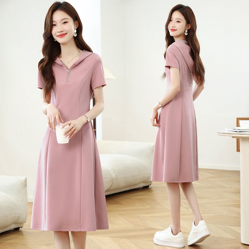 Real photo of casual slim hooded dress 2025 summer new style slim short-sleeved women's dress
