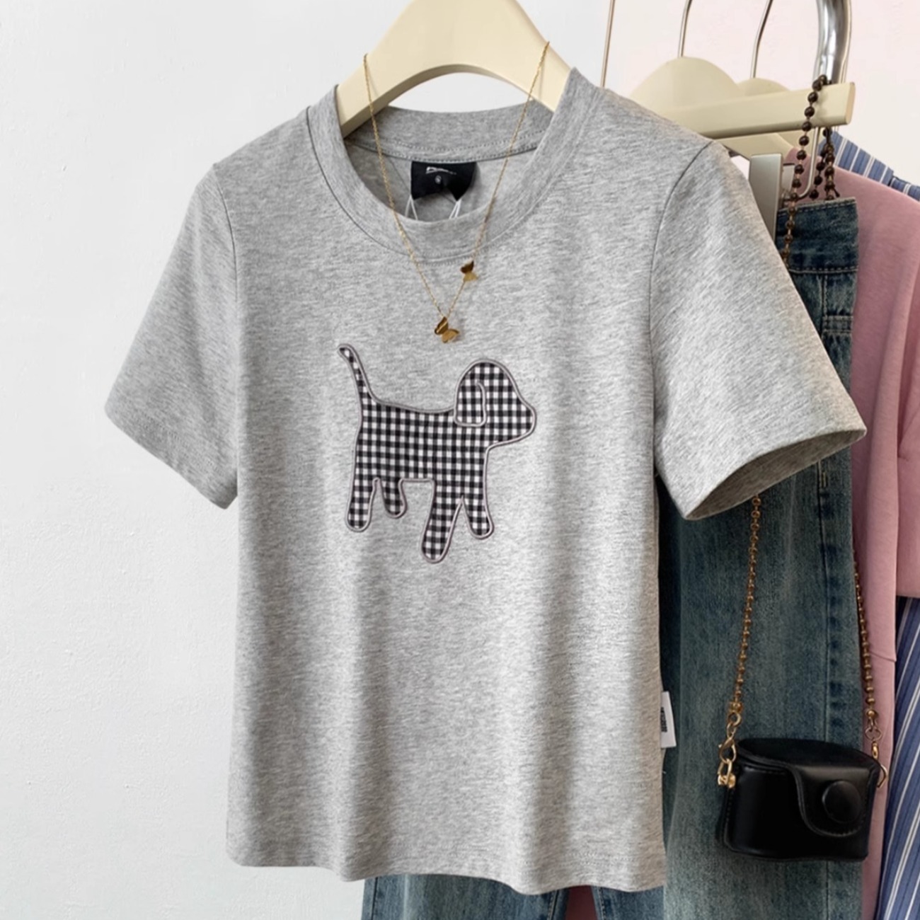 Official picture 1*1 pure cotton thread short-sleeved T-shirt for women's summer 2025 new embroidered short slim round neck Korean top
