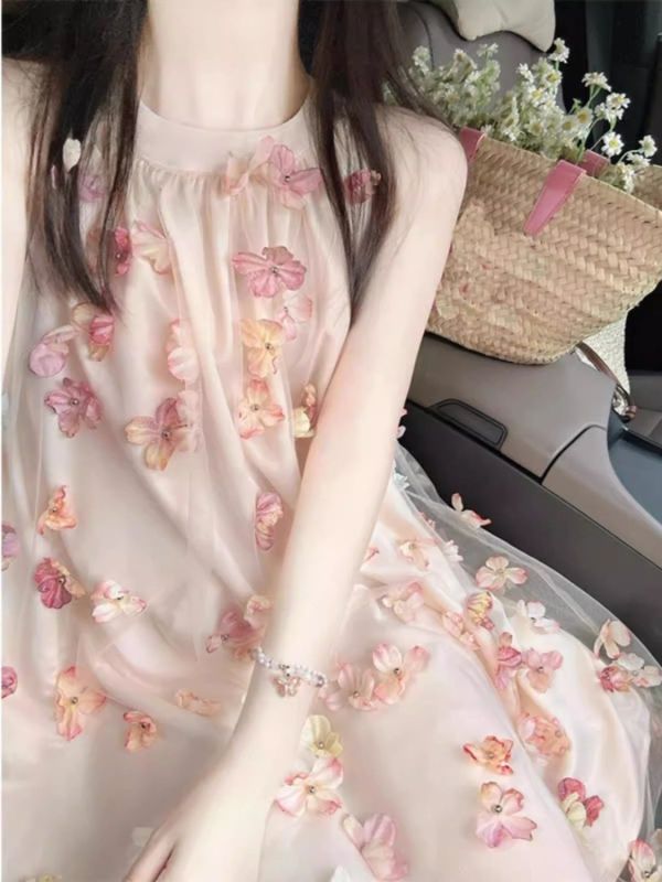 Heavy industry three-dimensional flower French halter dress for women in summer seaside vacation style high-end a-line short skirt