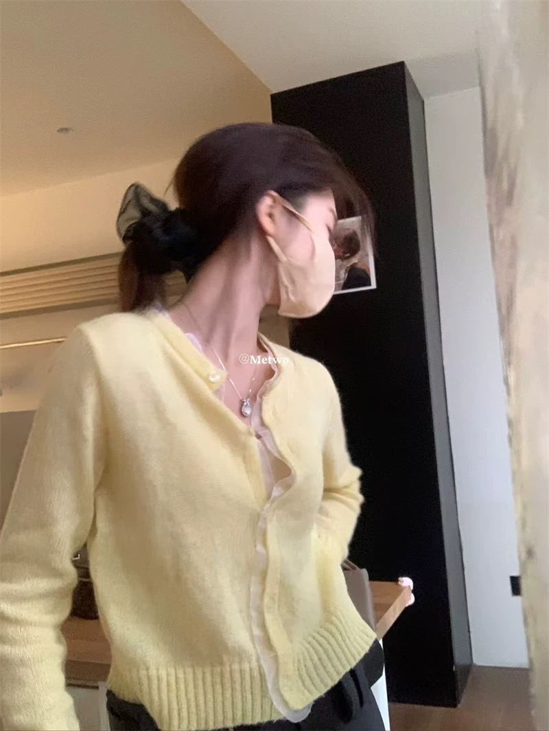 METWO 8677 yarn-patched knitted cardigan for women 2025 early spring new round neck French casual top jacket