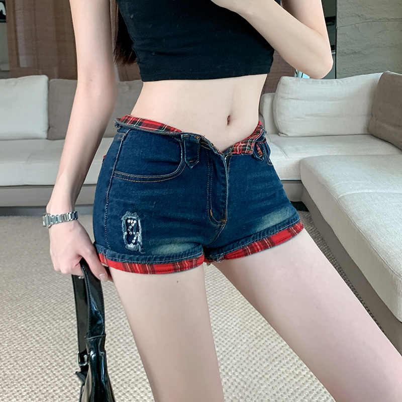 Real shot~ American hot girl plaid splicing curled edge low waist denim shorts new summer hip hot pants