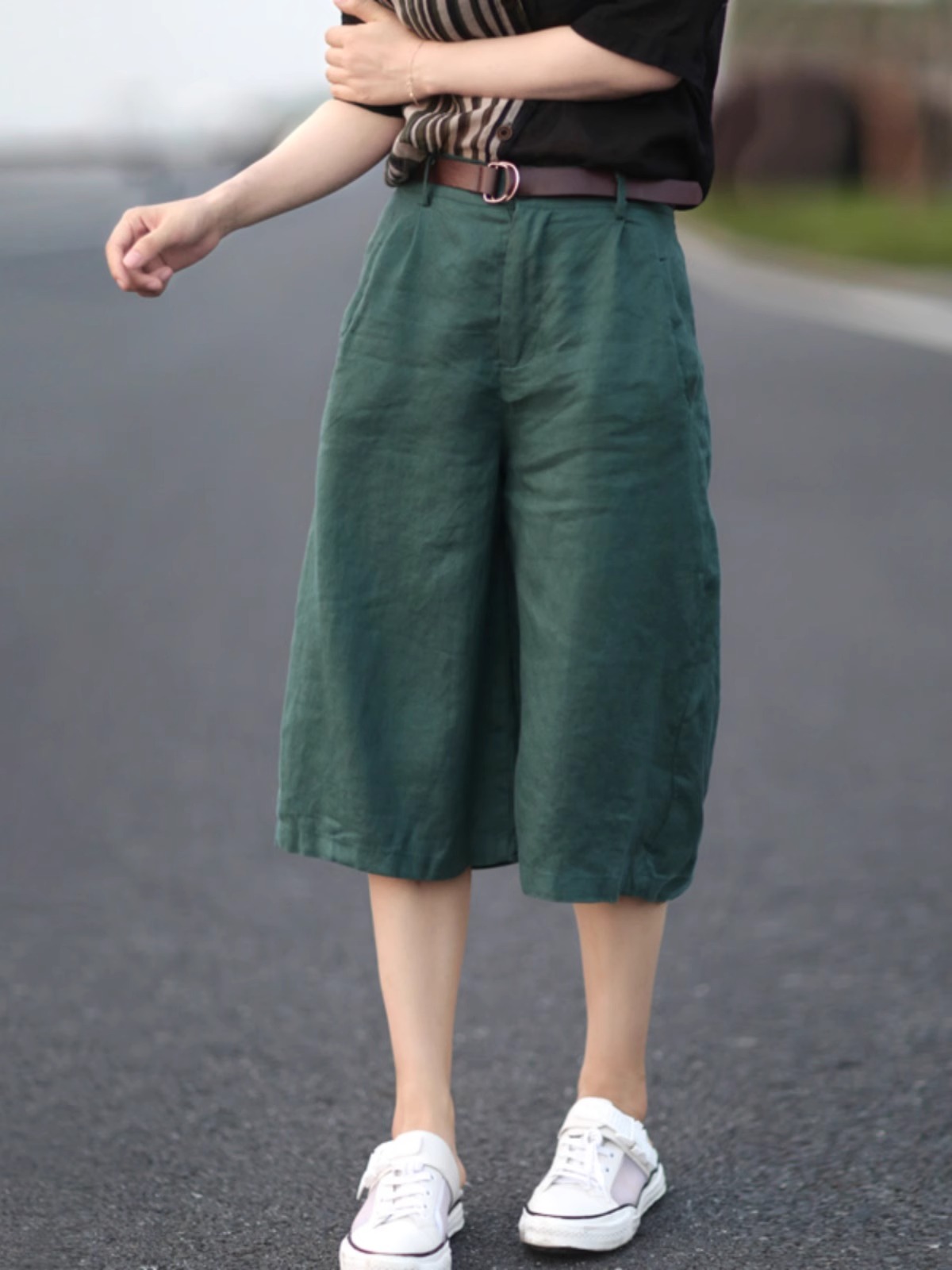 Line, cotton and linen women's cropped pants mother spring and summer new wide-leg pants literary ramie straight casual mid-sized pants