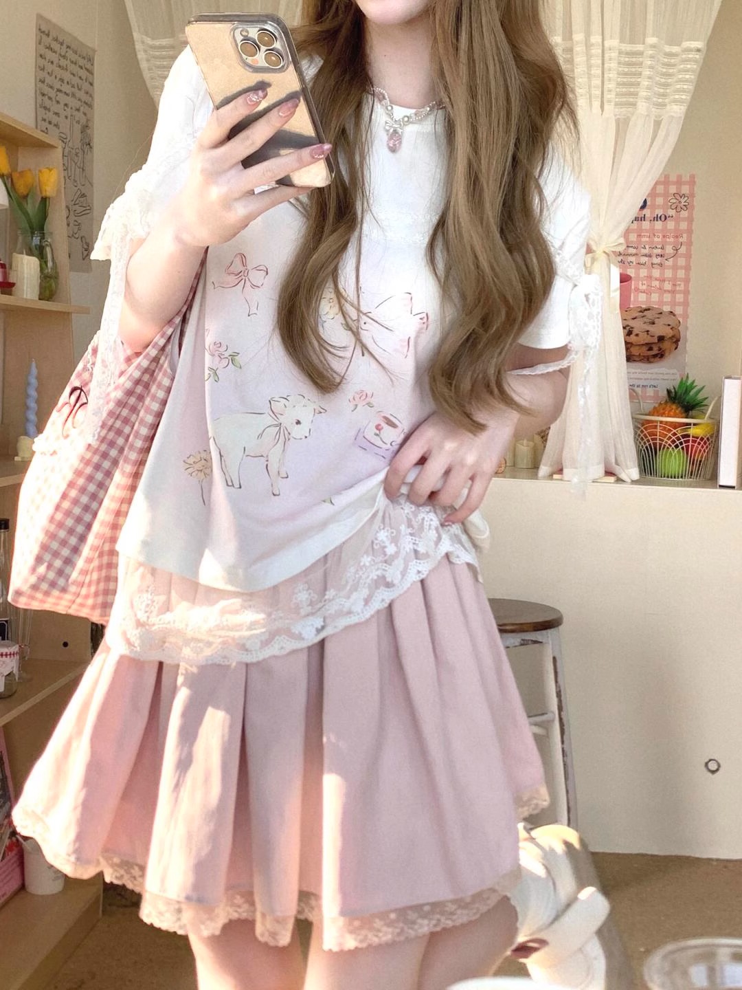 Korean chi lace lace splicing lamb print short-sleeved T-shirt for women in summer new fake two-piece top trend