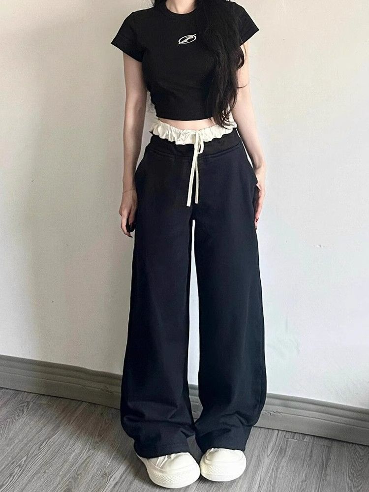 Black spliced ​​lace casual pants for women in spring new high-waist loose wide-leg slimming versatile straight-leg mopping pants