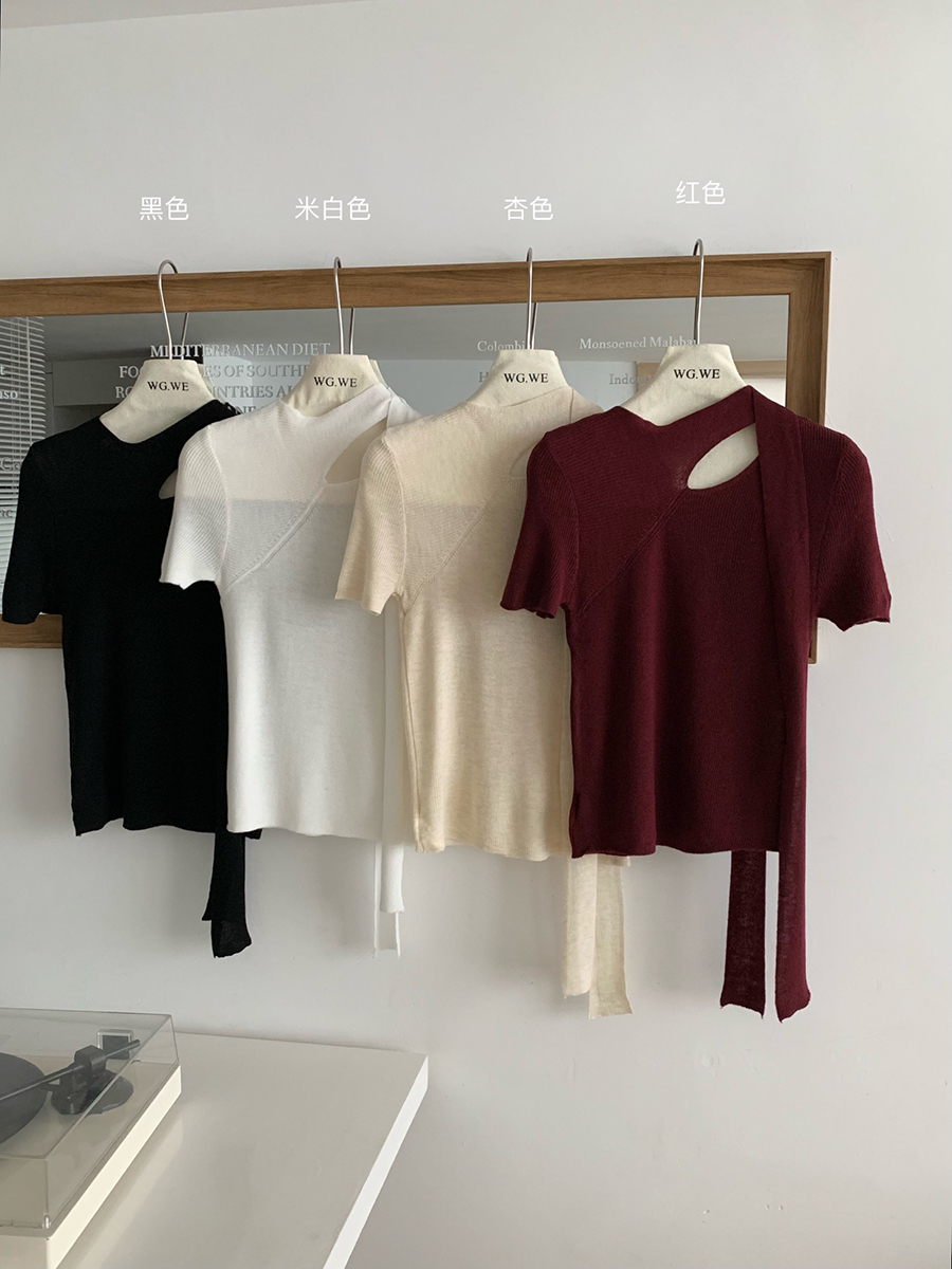 2025 spring halter neck hollow sweater for women short-sleeved design niche slim base shirt French chic top
