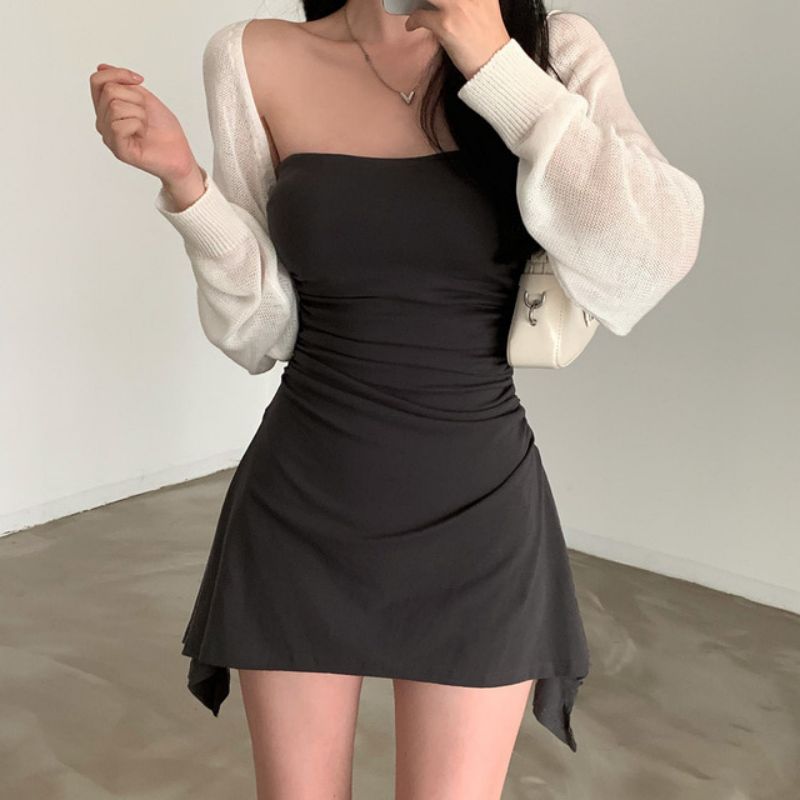 Korean chic two-piece off-shoulder slim strapless dress versatile long-sleeved knitted shawl cardigan