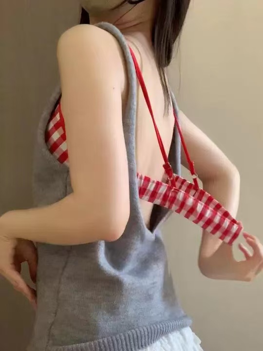 非實拍 夏季新款純欲穿搭小眾設計感格子吊帶背心露背上衣潮