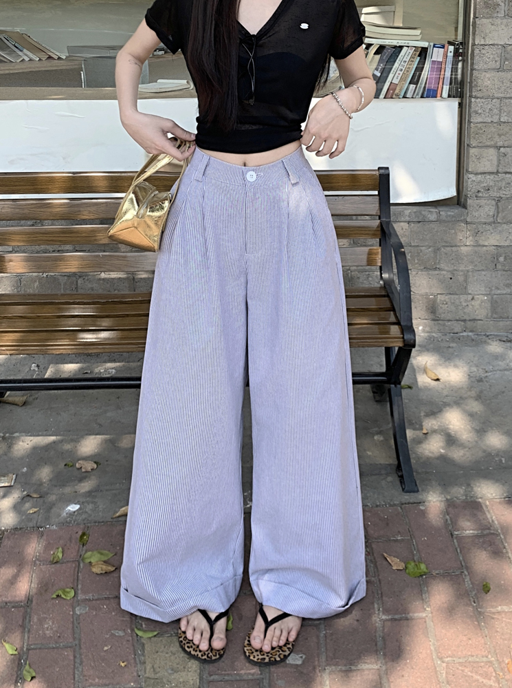 Real shot, fresh basic and versatile casual striped wide-leg pants, Korean high-waisted straight-leg pants