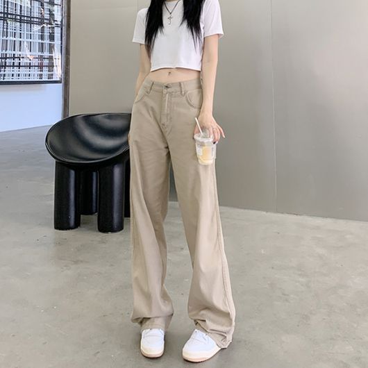 Khaki Korean version simple straight jeans for women in spring and autumn new high-waist loose slim and versatile wide-leg pants trendy
