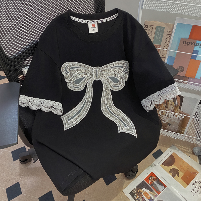 實拍 220克潮牌棉特大碼300斤後包領重工刺繡釘珠蝴蝶結