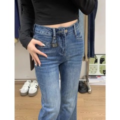 2025 spring large size retro stretchy trousers jeans women's pear-shaped body high waist slim straight horseshoe pants