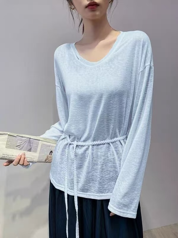 Blue long-sleeved T-shirt for women 2025 new sun protection unique slit thin V-neck base shirt underwear top outside