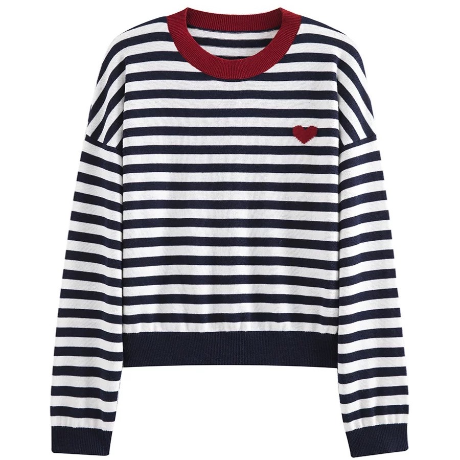 2025 spring suit new navy striped Korean sweater women's loose lazy style versatile early spring T-shirt