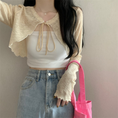 New Korean style, loose and slim short long-sleeved straps sunscreen knitted cardigan
