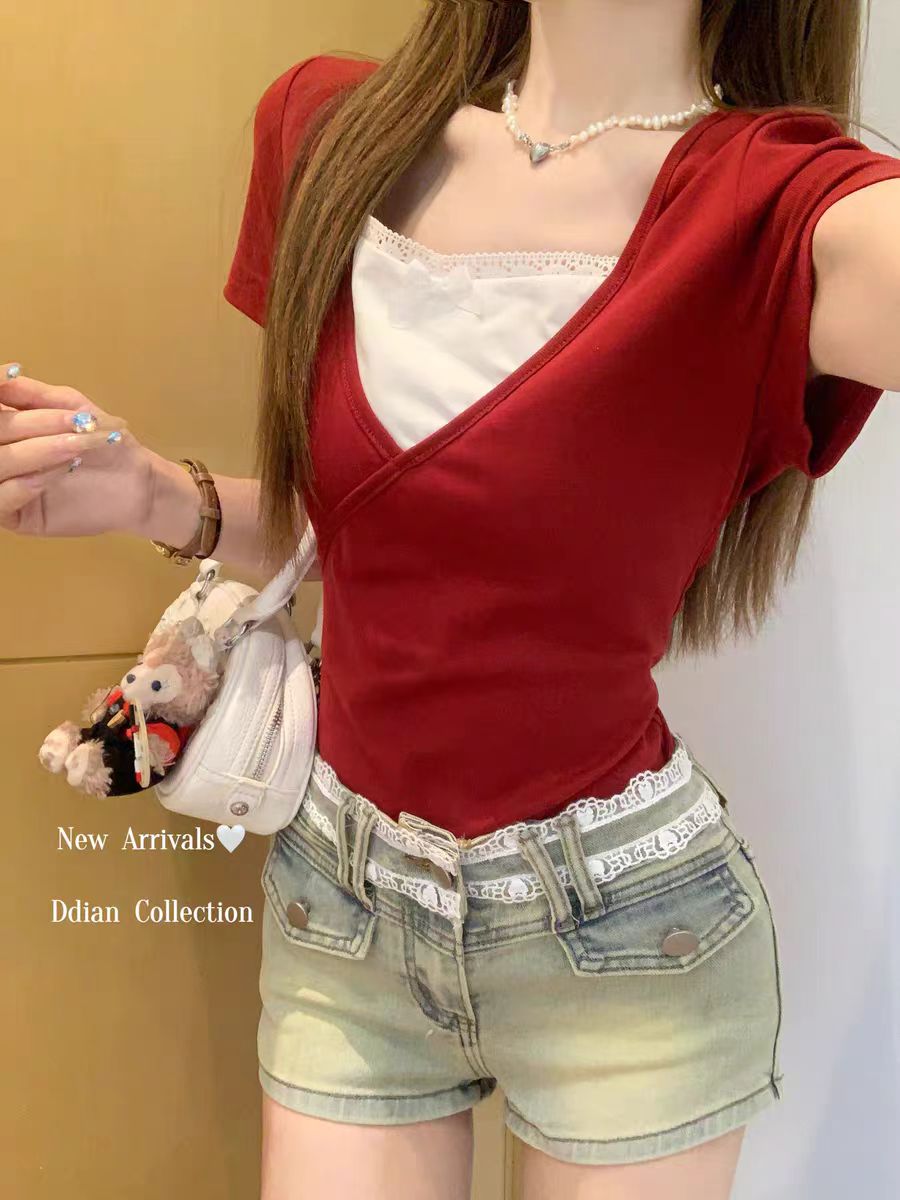 Korean chi pure cotton Korean version American v-neck short-sleeved shoulder T-shirt for women's summer new pure slim and chic top